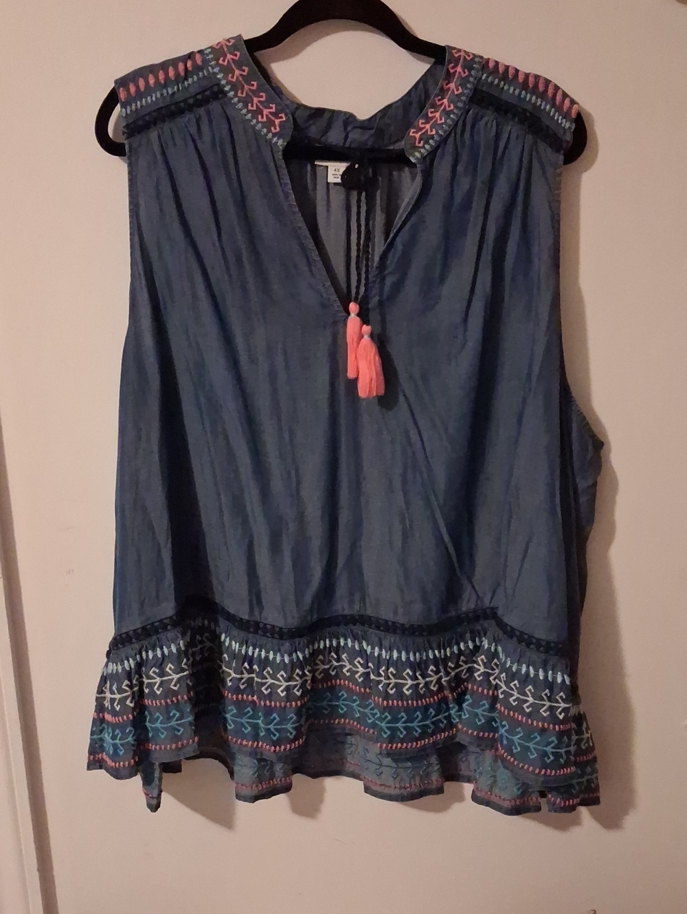Chambray Embroidered Tank with Coral Tassel Detail